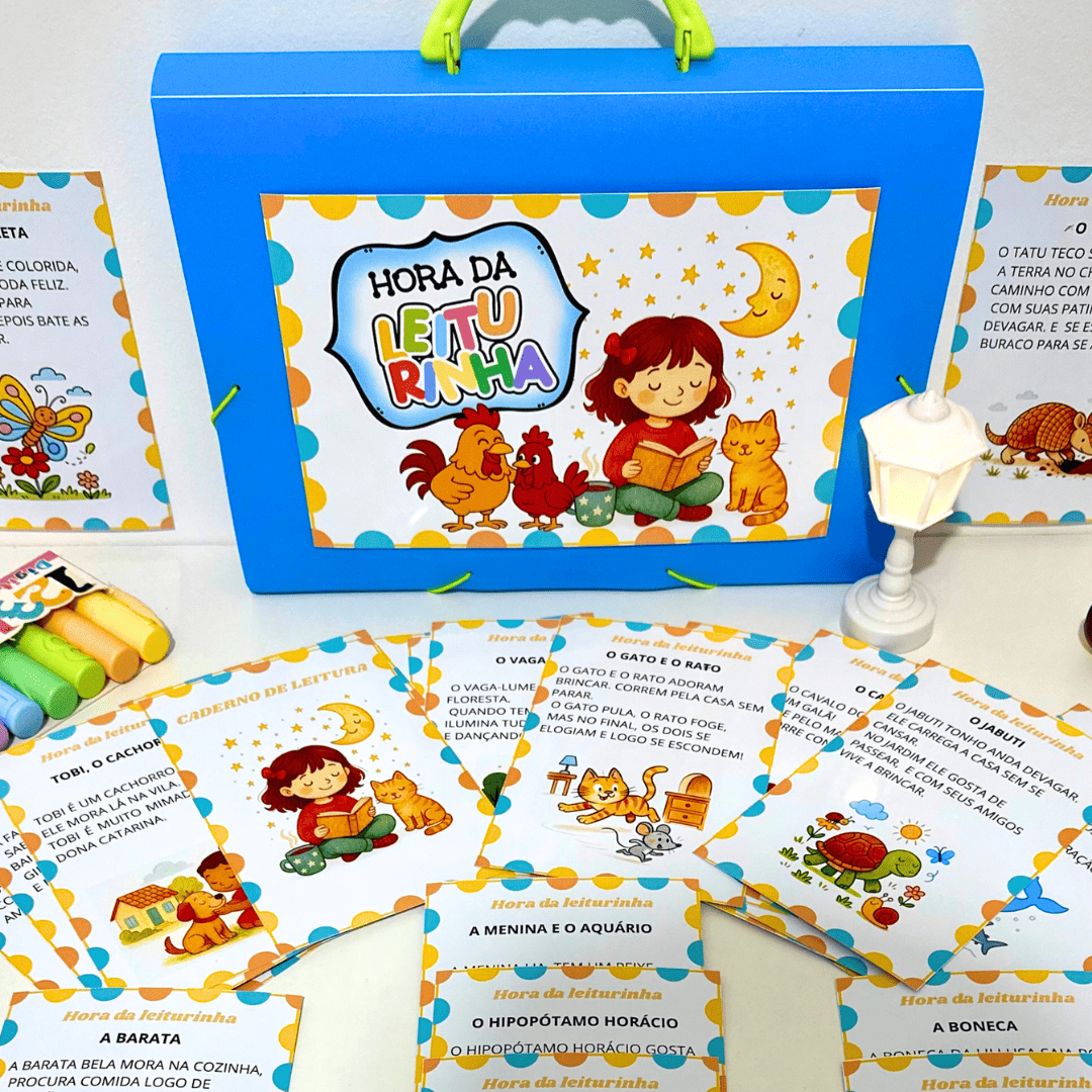 atividade de alfabetização com fichas de leitura em letra bastão, promovendo fluência e compreensão textual